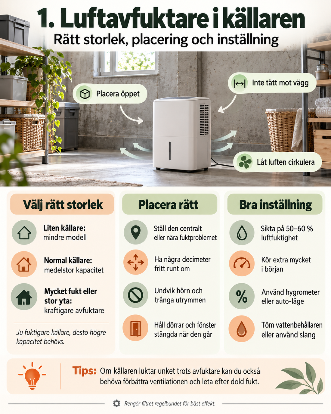 Luftavfuktare i källaren – rätt storlek, placering och inställning
