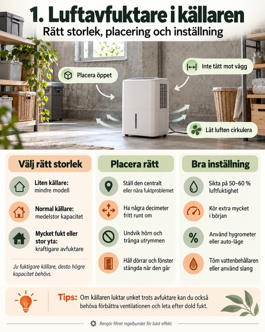 Luftavfuktare i källaren – rätt storlek, placering och inställning