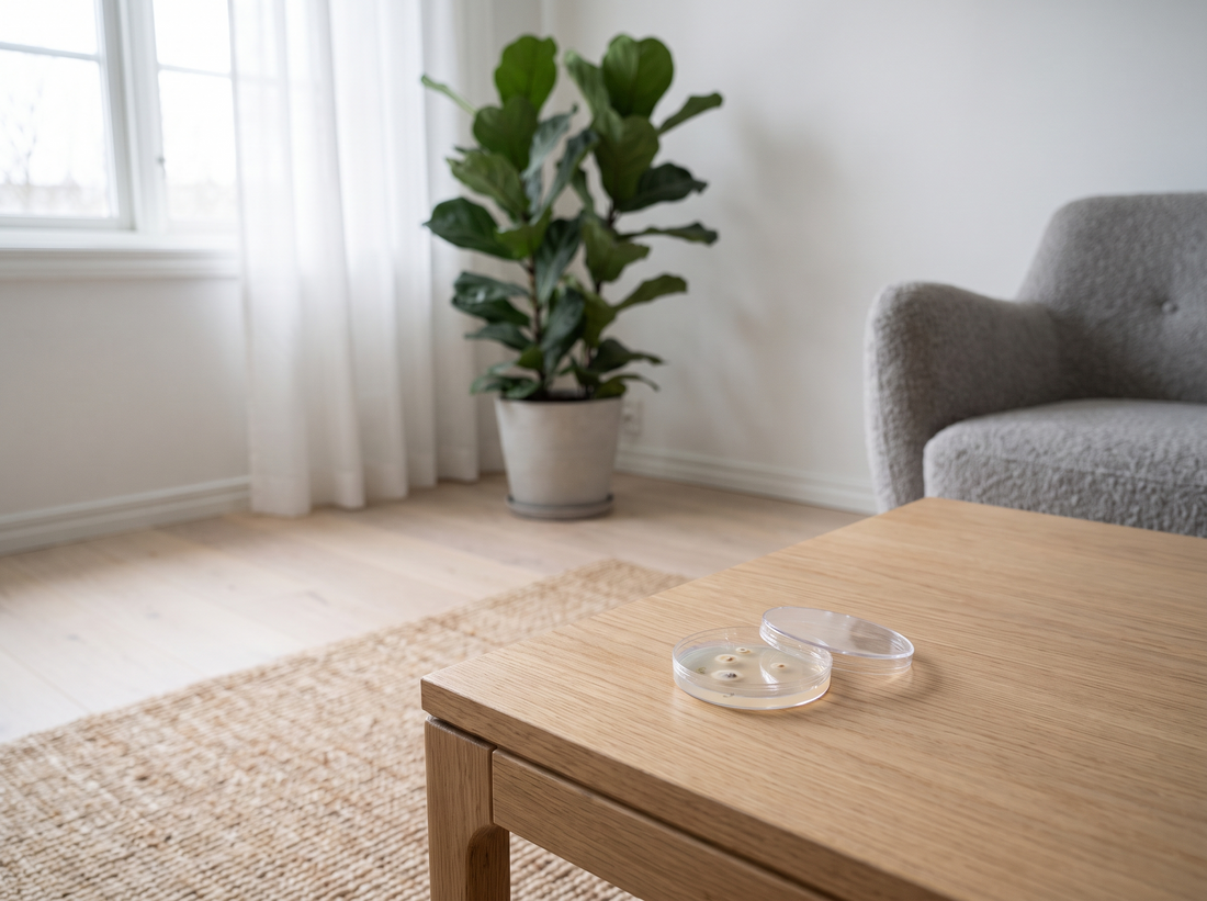 Öppen odlingsskål för mögeltest på ett ljust träbord i ett skandinaviskt vardagsrum