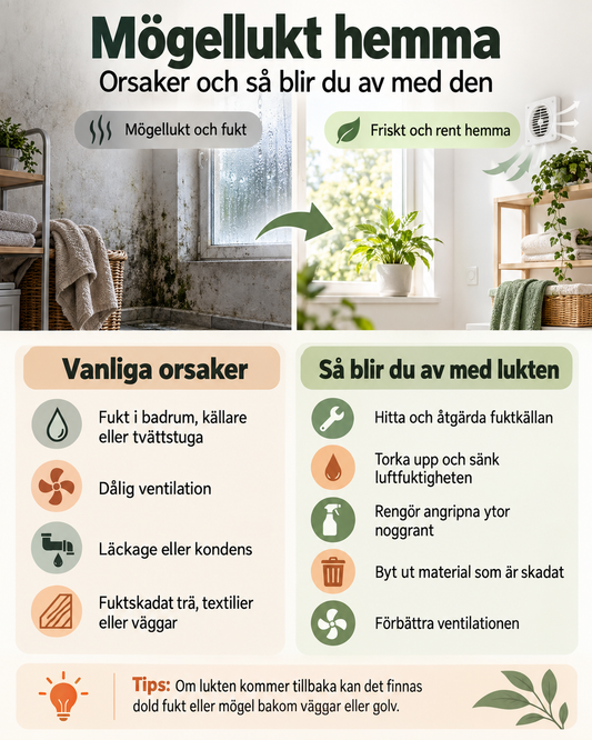 Mögellukt hemma med vanliga orsaker som fukt, dålig ventilation och läckage samt tips för att bli av med lukten.
